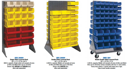 Tact Industrial Quantum louvered panel storage racks with ultra plastic bins and organizational systems for efficient warehouse storage
