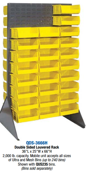 Tact Industrial Quantum louvered panel storage racks with ultra plastic bins for organized industrial shelving systems