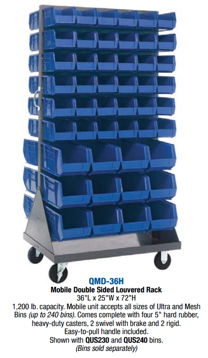 Tact Industrial Quantum louvered panel storage racks with ultra plastic bins for organized industrial storage systems