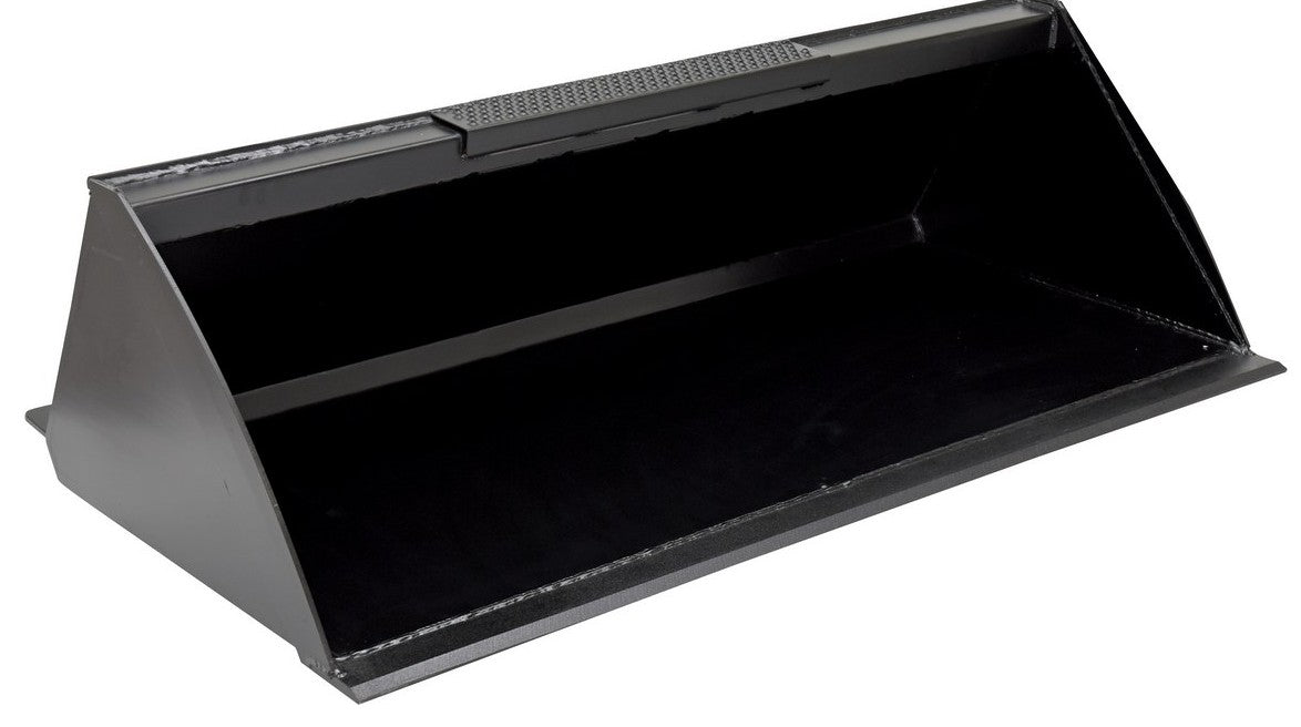 Vestil skid steer bucket attachment for heavy machinery, shown from the front with reinforced edges and a durable metal build.