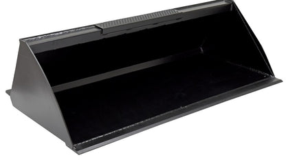Vestil skid steer bucket attachment for heavy machinery, shown from the front with a durable metal scoop for lifting and loading.