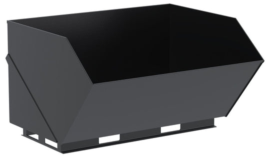 Vestil skid steer hopper attachment for heavy machinery, showing the front view with loading opening and sturdy construction.