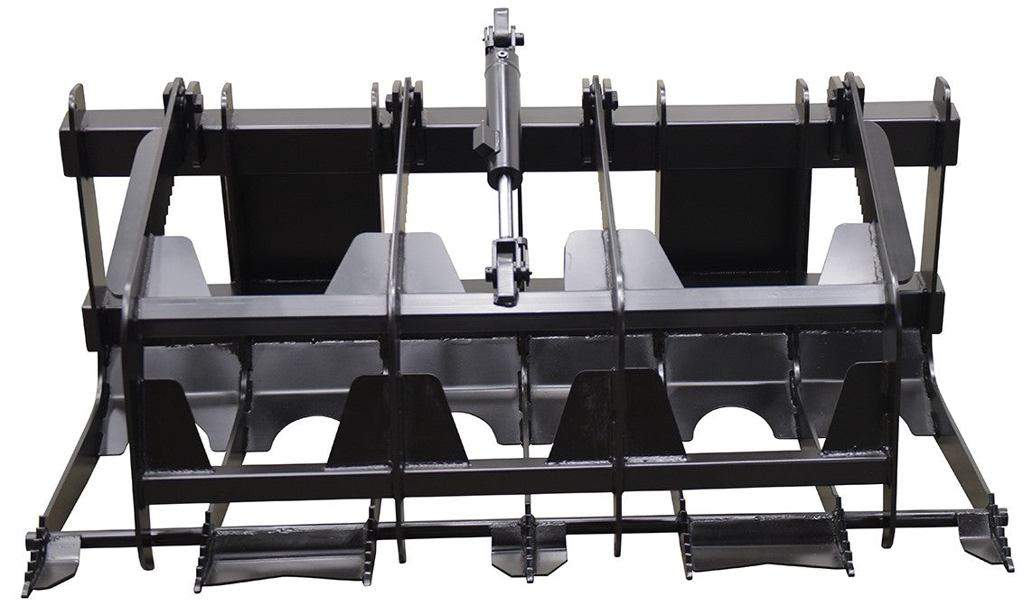 Front view of a Vestil skid steer grab bucket attachment, designed for heavy machinery handling and loading tasks.