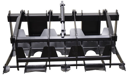 Front view of a Vestil skid steer grab bucket attachment for heavy machinery, featuring durable metal construction and grab arms.