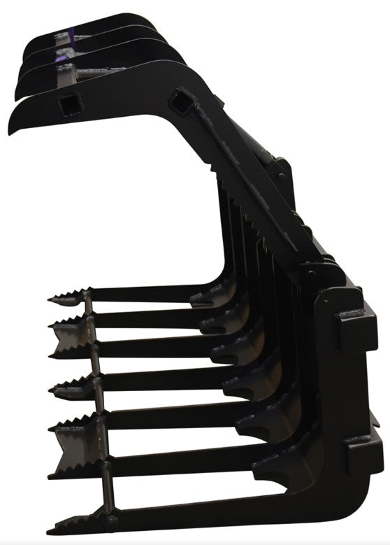 Vestil skid steer grab bucket attachment shown in side view, open for loading and unloading heavy materials in construction.
