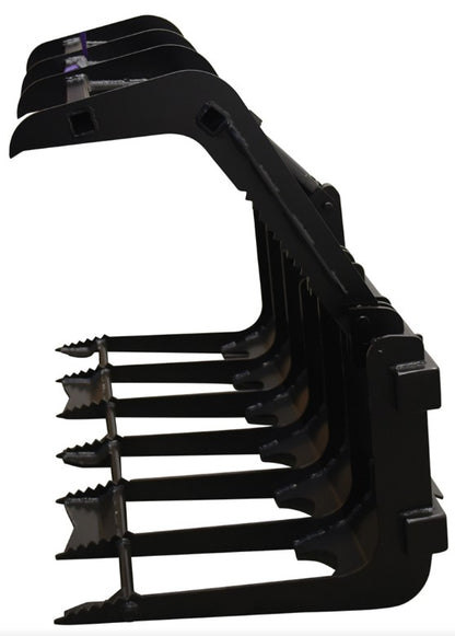 Vestil skid steer grab bucket attachment viewed from the side, showcasing its open design and heavy machinery accessory features.