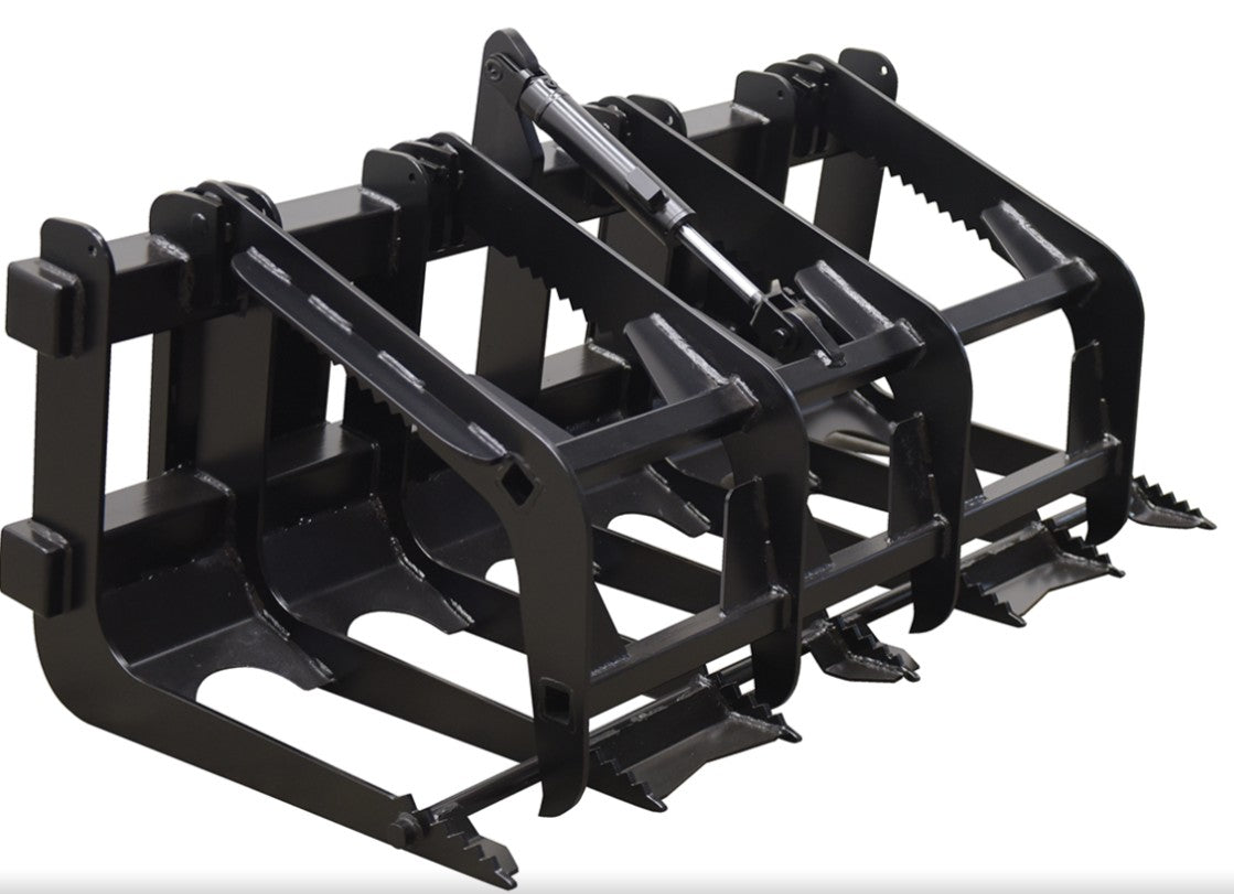 Vestil skid steer grab bucket attachment for heavy machinery, showing durable steel construction with gripping teeth and hydraulic hookup.