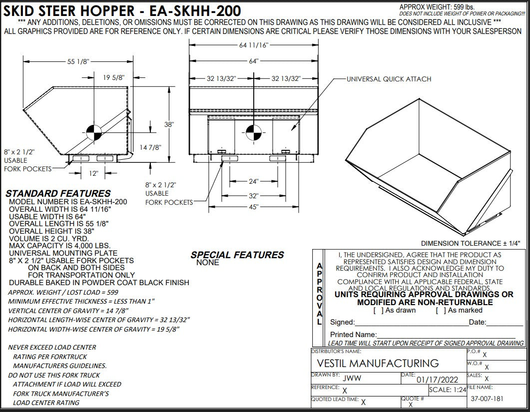 Vestil skid steer hopper attachment for heavy machinery, showing detailed drawing of the loader attachment for construction use.