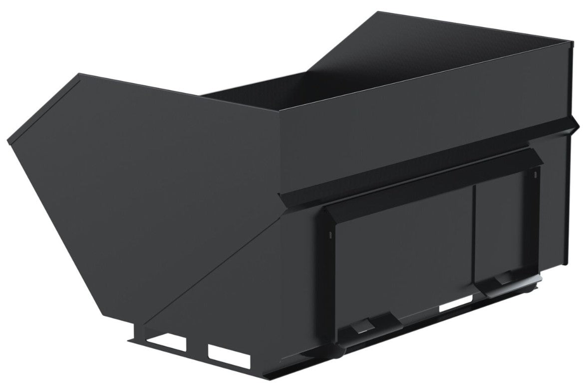 Vestil skid steer hopper attachment for heavy machinery, shown from the rear, with durable construction and loading features.