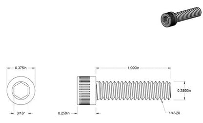 Close-up of a 1/4-inch by 1-inch stainless steel socket head cap screw with 1.25-20 thread size, manufactured by TACT Industrial Products.