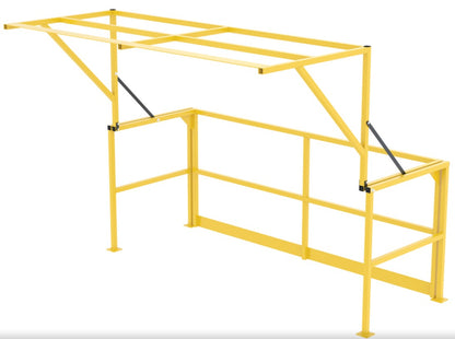 Yellow steel mezzanine safety pivot gate by TACT Industrial, OSHA compliant, with 80-inch width and durable steel railing.
