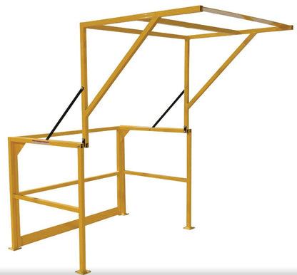 Yellow steel mezzanine safety pivot gate by TACT Industrial, OSHA compliant, with 80-inch width and durable steel railing.