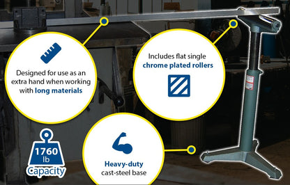 Steel gravity conveyor roller stand by TACT Industrial, supports up to 500 lbs with adjustable height and sturdy steel construction.
