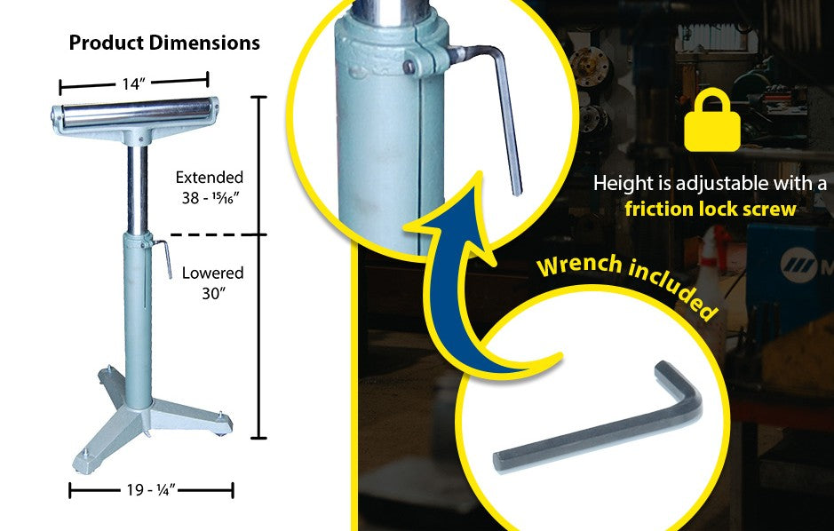 Steel roller stand with height adjustment chart for gravity conveyor, supporting up to 500 lbs, by TACT Industrial Products.