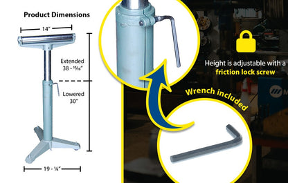 Steel roller stand with height adjustment chart for gravity conveyor, supporting up to 500 lbs, by TACT Industrial Products.