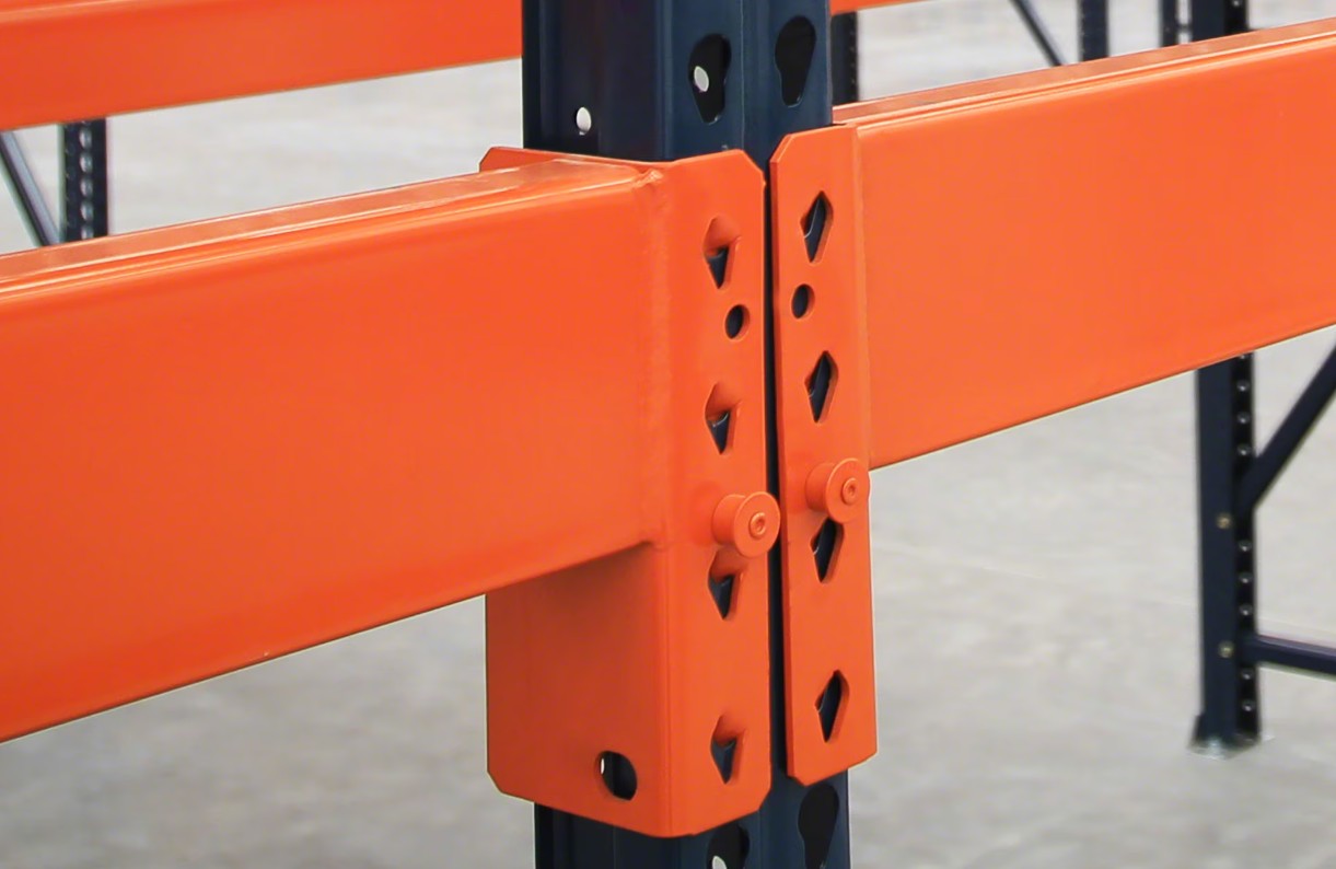 Interlake Mecalux teardrop style pallet racking support beams by TACT Industrial Products, showing sturdy steel construction for warehouse storage.
