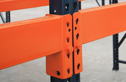 Interlake Mecalux teardrop style pallet racking support beams by TACT Industrial Products, showing sturdy steel construction for warehouse storage.