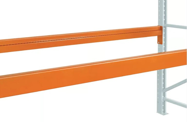 Interlake Mecalux teardrop style pallet racking support beams by TACT Industrial Products, showing sturdy metal construction.