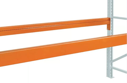 Interlake Mecalux teardrop style pallet racking support beams by TACT Industrial Products, showing sturdy metal construction.