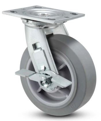 Medium duty TPR caster wheel with swivel design, side locking brake, soft rubber non-marking wheel for industrial carts.