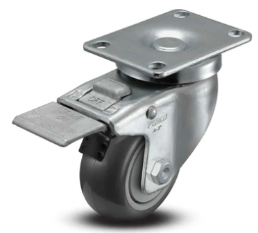 Thermo-urethane TPU swivel caster with brake from TACT Industrial Products, designed for light-duty applications, quiet and non-marking.