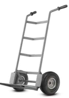 Two TACT Industrial Products NEVER FLAT foam-filled caster wheels on a two-wheel cart, showing sturdy construction and smooth rolling.