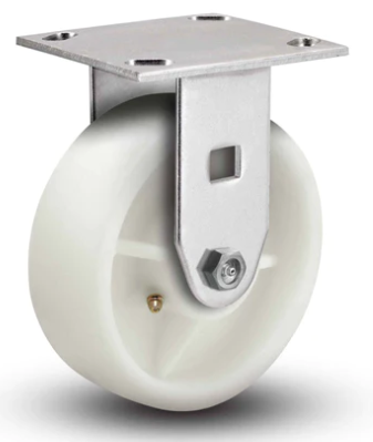 White nylon and stainless steel caster from TACT Industrial Products, food grade washdown caster with 900lb capacity.