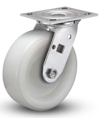 White nylon and stainless steel caster wheel by TACT Industrial, swivel design, suitable for washdown and heavy-duty applications.