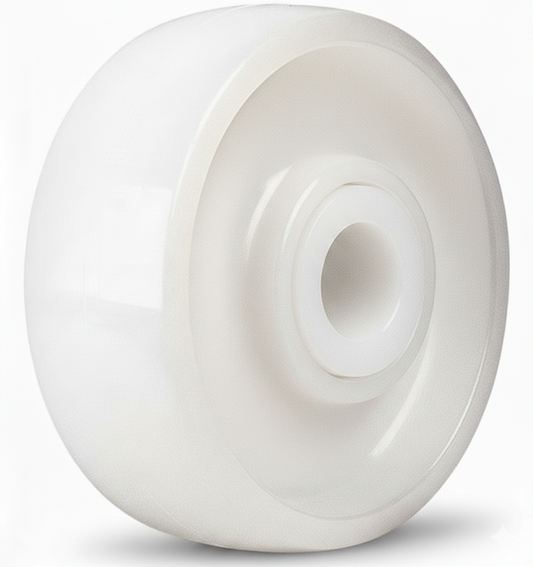White nylon caster wheel with Delrin bearing, heavy-duty industrial caster for 900 lb. capacity, washable and durable.