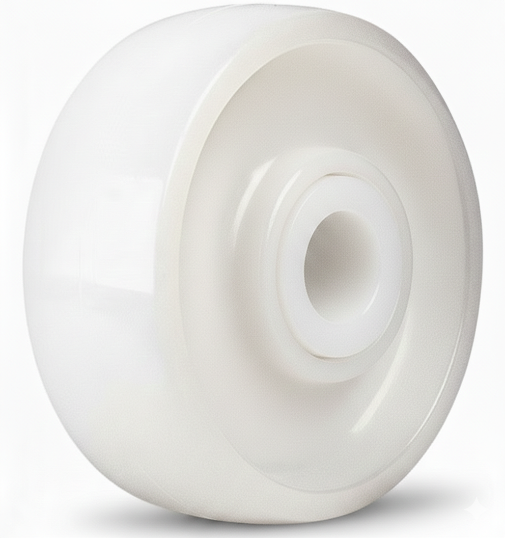 Stainless steel white nylon caster wheel with Delrin bearing, suitable for food-grade washdown applications, 900lb capacity.
