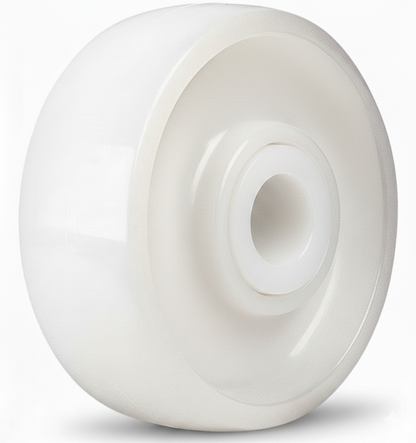 White nylon caster wheel with Delrin bearing, stainless steel frame, suitable for food-grade washdown applications, 900lb capacity.