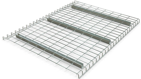 Light gray powder-coated pallet rack wire decking from TACT Industrial Products, designed for heavy-duty industrial storage racks.