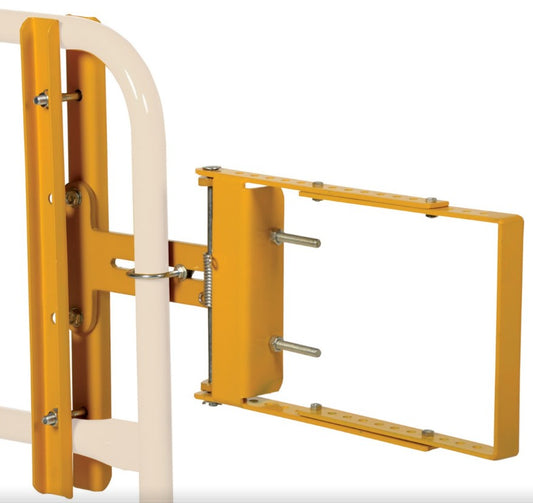 Yellow TACT Industrial self-closing steel safety gate with adjustable width for guarding and security.